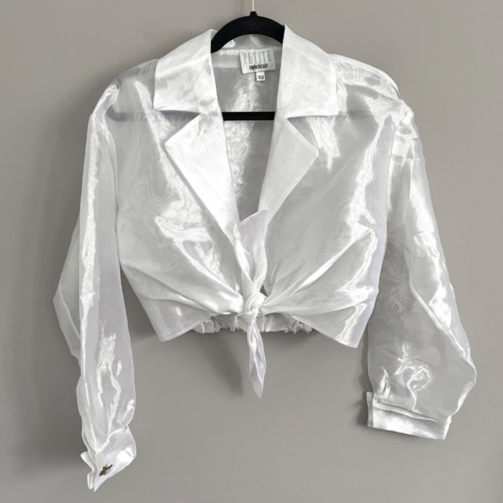 Vintage Sheer White Organza Cropped Tie Blouse - M/L - Picture 12 of 13